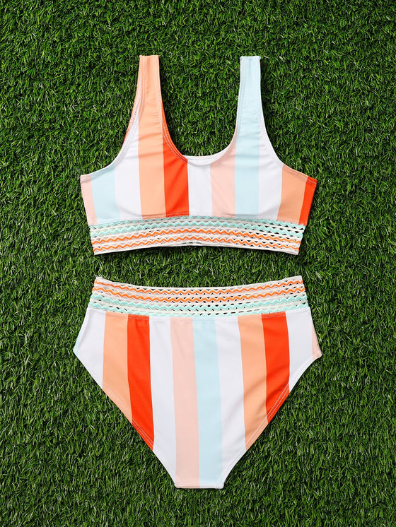 Girls Striped Mesh Trim Bikini Swimsuit