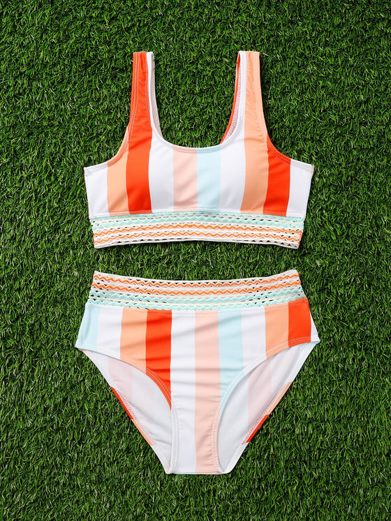 Girls Striped Mesh Trim Bikini Swimsuit