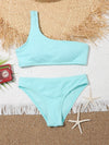 Girls Plain Textured One Shoulder Bikini Swimsuit