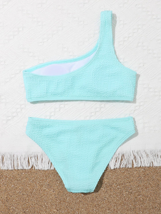 Girls Plain Textured One Shoulder Bikini Swimsuit