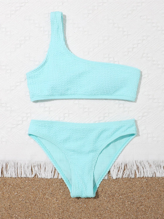 Girls Plain Textured One Shoulder Bikini Swimsuit