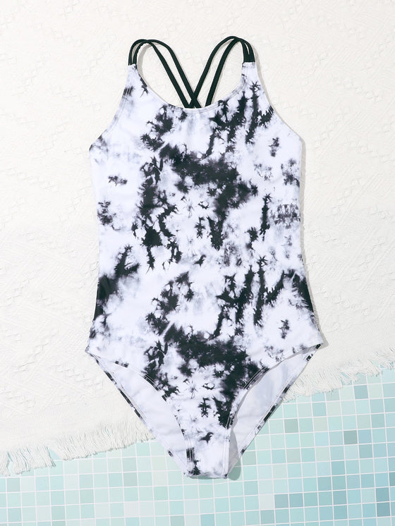 Teen Girls Tie Dye Criss Cross One Piece Swimsuit