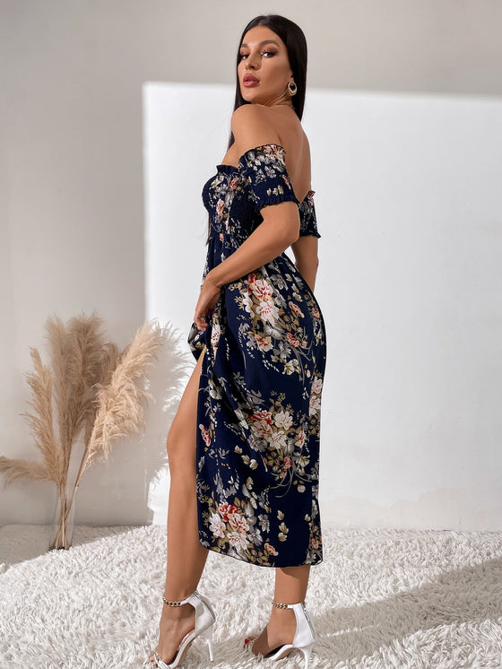 Off Shoulder Shirred Waist High Split Floral Dress