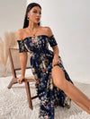 Off Shoulder Shirred Waist High Split Floral Dress