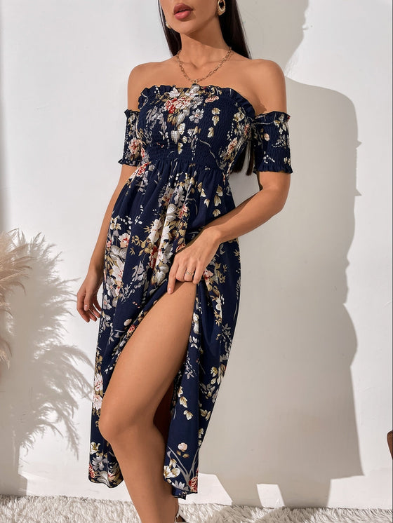 Off Shoulder Shirred Waist High Split Floral Dress