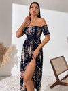 Off Shoulder Shirred Waist High Split Floral Dress