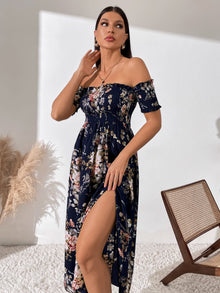  Off Shoulder Shirred Waist High Split Floral Dress