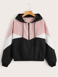  Drawstring Detail Colorblock Hooded Jacket