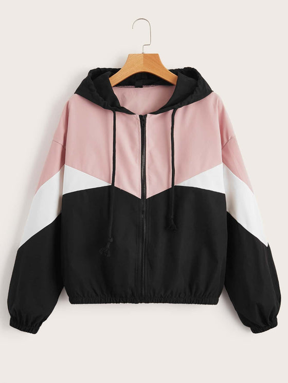 Drawstring Detail Colorblock Hooded Jacket