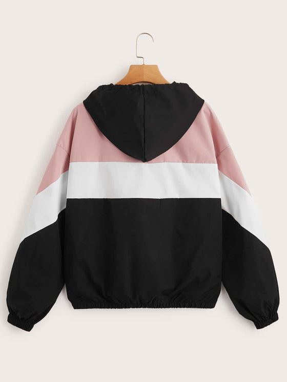 Drawstring Detail Colorblock Hooded Jacket