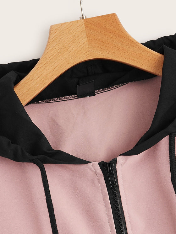 Drawstring Detail Colorblock Hooded Jacket