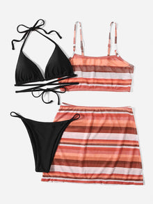  4pack Striped Lace Up Halter Triangle Bikini Swimsuit Cover Top With Skirt Set