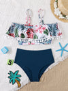 Girls Floral Print Pompom Bikini Swimsuit