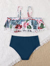 Girls Floral Print Pompom Bikini Swimsuit