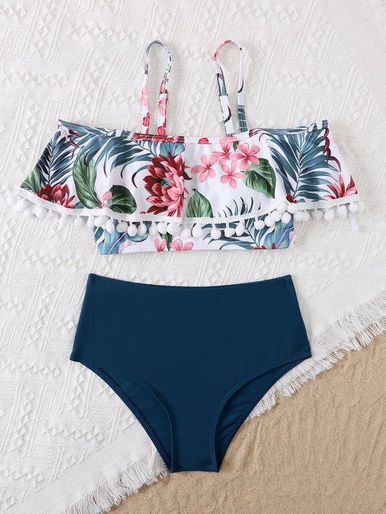 Girls Floral Print Pompom Bikini Swimsuit