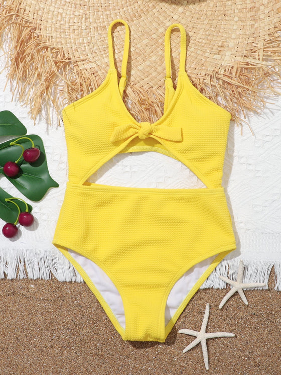 Girls Textured Cut out Tie Front One Piece Swimsuit