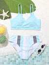 Teen Girls Striped Surplice Neck Bikini Swimsuit