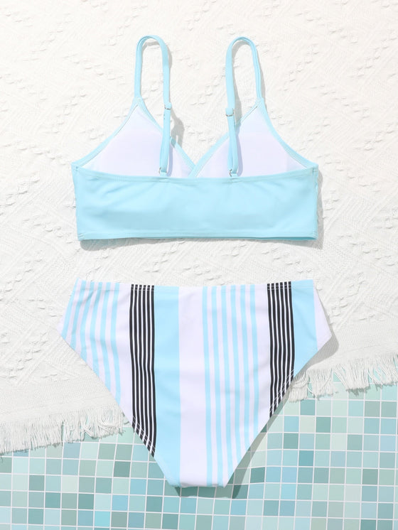 Teen Girls Striped Surplice Neck Bikini Swimsuit