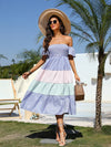 Striped Print Colorblock Off Shoulder Shirred Dress