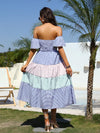 Striped Print Colorblock Off Shoulder Shirred Dress