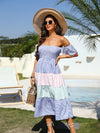 Striped Print Colorblock Off Shoulder Shirred Dress