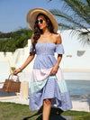 Striped Print Colorblock Off Shoulder Shirred Dress