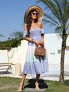 Striped Print Colorblock Off Shoulder Shirred Dress
