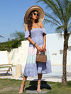 Striped Print Colorblock Off Shoulder Shirred Dress
