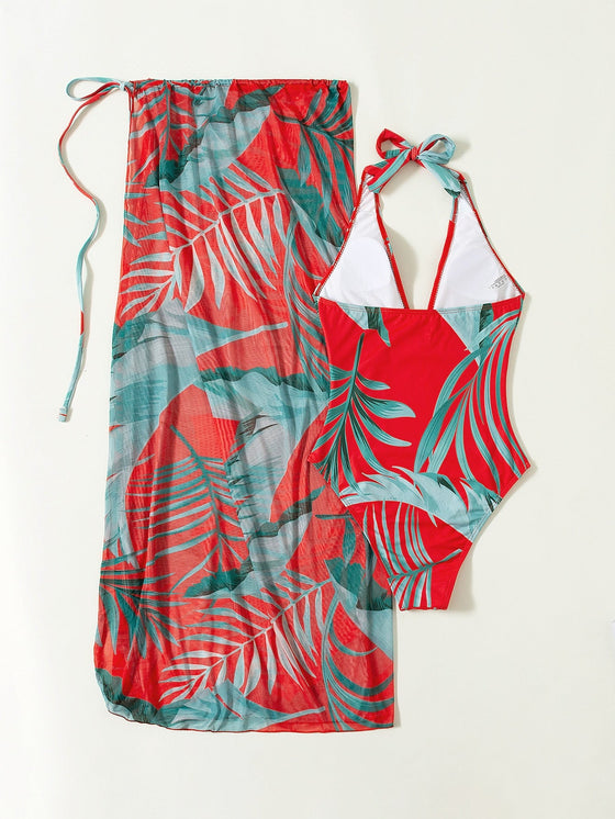 3pack Tropical Print One Piece Swimsuit With Cover Up Skirt