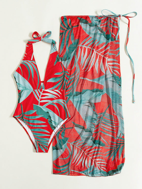 3pack Tropical Print One Piece Swimsuit With Cover Up Skirt