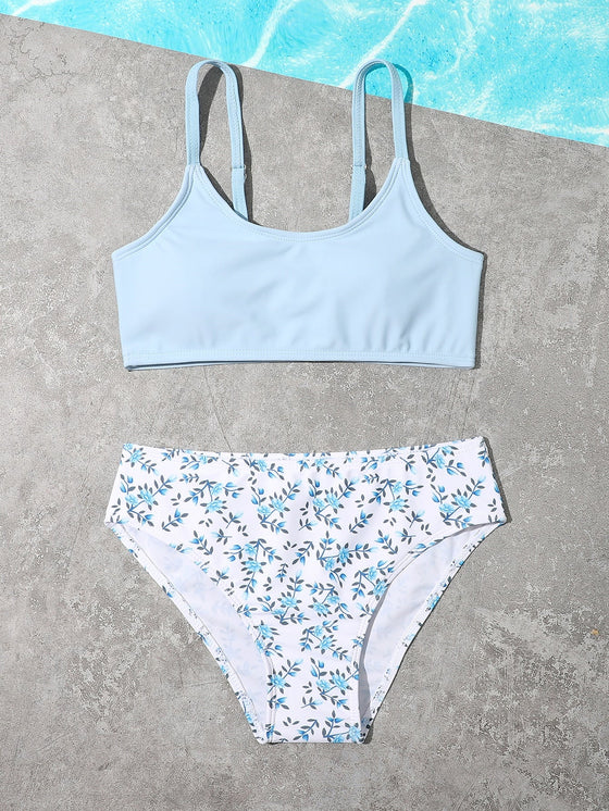 Girls Plant Print Bikini Swimsuit