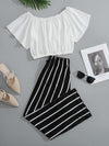 Frilled Button Bardot Top Striped Paperbag Waist Pants Set