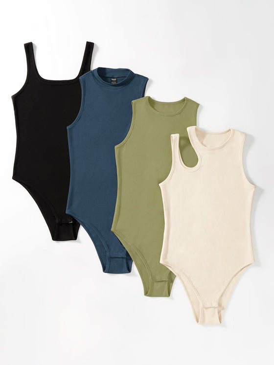 4pcs Solid Ribbed Knit Bodysuit