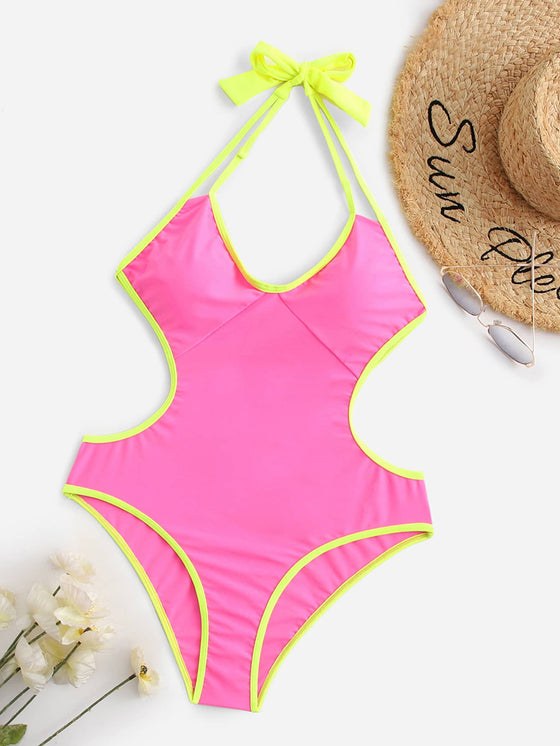 Contrast Binding Backless Halter One Piece Swimsuit