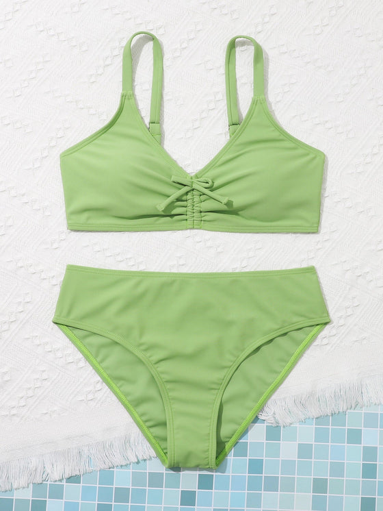 Teen Girls Plain Tie Front Bikini Swimsuit