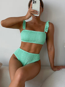  Plain Smocked Frill Trim Bikini Swimsuit