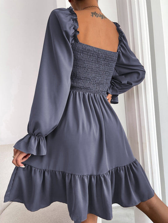 Square Neck Shirred Bodice Flounce Sleeve Ruffle Hem Dress