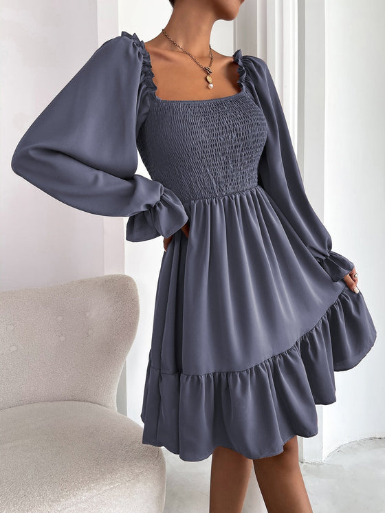 Square Neck Shirred Bodice Flounce Sleeve Ruffle Hem Dress