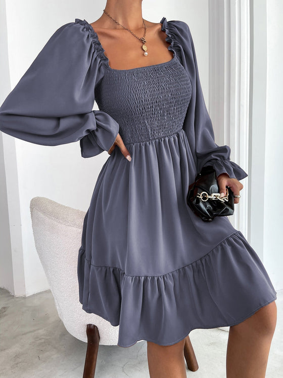 Square Neck Shirred Bodice Flounce Sleeve Ruffle Hem Dress