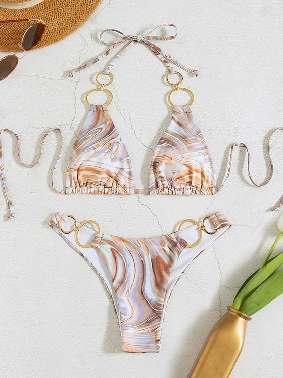 Fluid Pattern Ring Linked Bikini Swimsuit