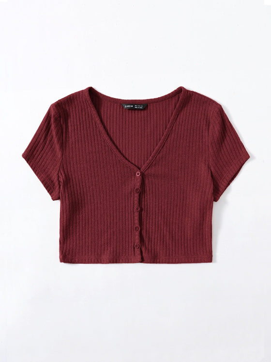 V neck Button Placket Crop Tee