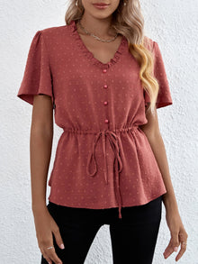  Swiss Dot Button Front Blouse