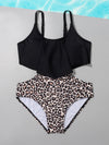 Girls Leopard Cut out Hanky Hem One Piece Swimsuit