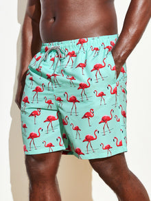  Extended Sizes Men Flamingo Print Drawstring Waist Swim Trunks