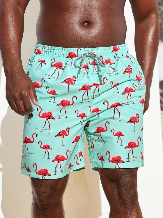 Extended Sizes Men Flamingo Print Drawstring Waist Swim Trunks