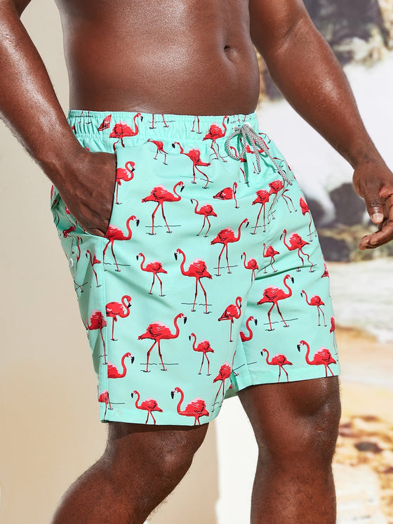 Extended Sizes Men Flamingo Print Drawstring Waist Swim Trunks