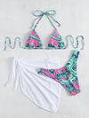 3pack Water Wave Print Bikini Swimsuit With Beach Skirt