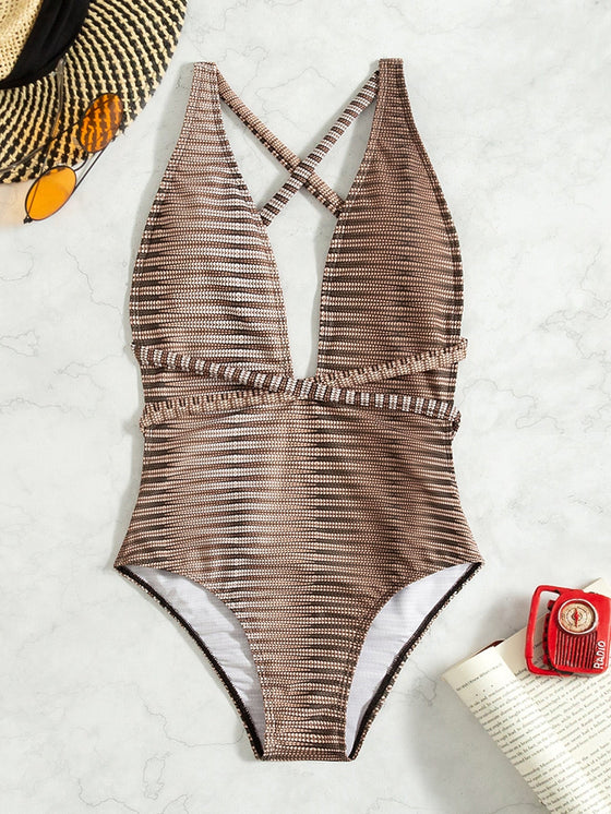 Allover Print Criss Cross One Piece Swimsuit