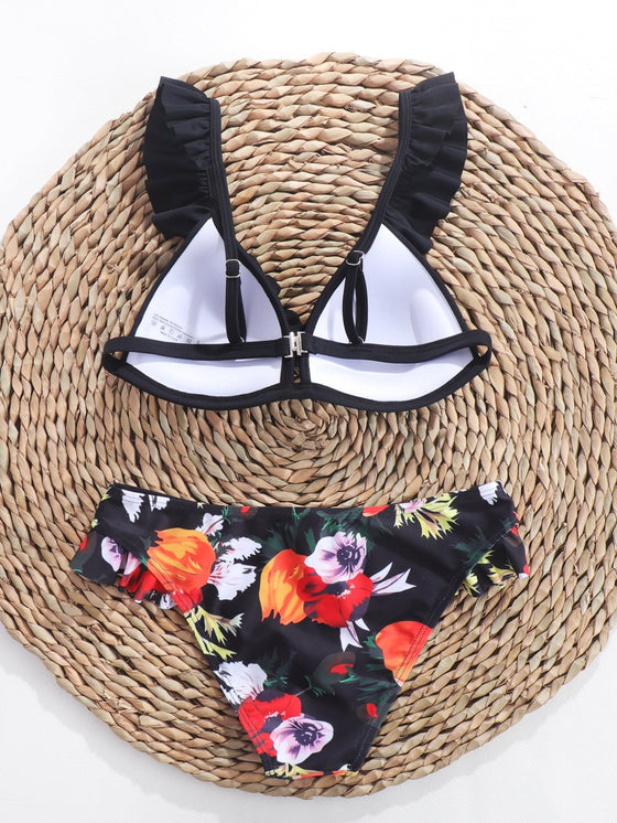 Tropical Print Frill Trim Push Up Bikini Swimsuit