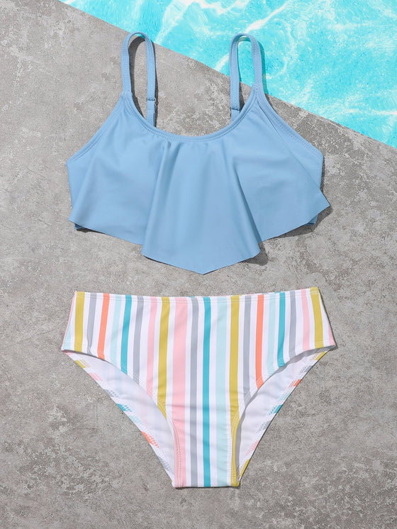 Girls Striped Hanky Hem Bikini Swimsuit